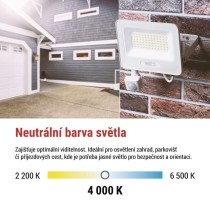 LED reflektor GLARO s pohybovým čidlem, 50 W, bílý, IP54, 5000 lm, neutrální bílá