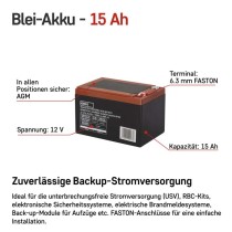 Wartungsfreier Traktion Blei-Akku 12 V/15 Ah, faston 6,3 mm