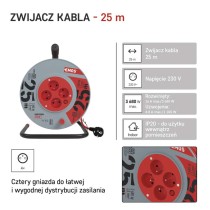 Przedłużacz bębnowy 25 m / 4 gniazda / czerwony / PVC / 230 V / 1,5 mm2