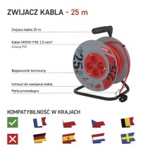 Przedłużacz bębnowy 25 m / 4 gniazda / czerwony / PVC / 230 V / 1,5 mm2