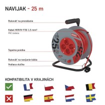 Predlžovací kábel na bubne 25 m / 4 zásuvky / červený / PVC / 230 V / 1,5 mm2