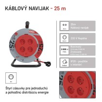 Predlžovací kábel na bubne 25 m / pevný stred / 4 zásuvky / červený / PVC / 230 V / 1,5mm2