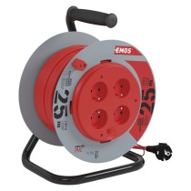 Prodlužovací kabel na bubnu, pevný střed / 25m / 4 zásuvky / červený / PVC / 230V / 1,5mm2