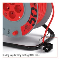 Prodlužovací kabel na bubnu 50 m / 4 zás. / s vypínačem / červený / PVC / 230V / 1,5 mm2