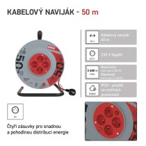 Prodlužovací kabel na bubnu 50 m / 4 zás. / s vypínačem / červený / PVC / 230V / 1,5 mm2