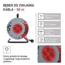 Przedłużacz bębnowy 50 m / 4 gniazda / z wyłącznikiem / czerwony / PVC / 230 V / 1,5 mm2