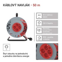 Predlžovací kábel na bubne 50 m / 4 zásuvky / s vypínačom / červený / PVC / 230V / 1,5 mm2