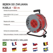 Przedłużacz bębnowy 50 m / 4 gniazda / z wyłącznikiem / czerwony / PVC / 230 V / 1,5 mm2