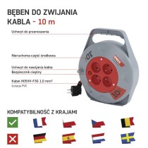 Przedłużacz zwijany 10 m / 4 gniazda / czerwony / PVC / 230 V / 1 mm2