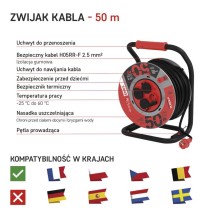 Przedłużacz bębnowy ogrodowy 50 m / 4 gniazda / czarny / guma / 230 V / 1,5 mm2