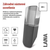 Záhradné nástenné svietidlo LANA, 10,6 x 8,8 x 28,6 cm, 1 x E27, 25 W