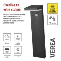 Vrtna LED stenska svetilka VEREA s PIR senzorjem, 10,7 x 15,4 x 50 cm