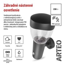 Záhradné nástenné svietidlo ARTEO, senzor súmraku, 16,4 x 12 x 29,5 cm, 1 x E27, 15 W