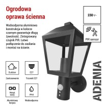 Lampa naścienna Garden ADENIA 30cm, na żarówkę E27 max 15W, IP44, PIR