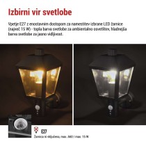 Vrtna stenska svetilka ADENIA s PIR senzorjem, 19,8 x 15 x 29,8 cm, 1 x E27, 15 W