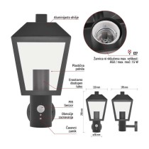 Vrtna stenska svetilka ADENIA s PIR senzorjem, 19,8 x 15 x 29,8 cm, 1 x E27, 15 W