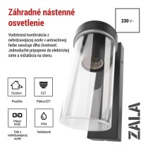 Záhradné nástenné svietidlo ZALA,  12,8 × 8,0 × 23,0 cm, 1 × E27, 15 W