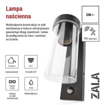 Lampa naścienna Garden ZALA 28cm, na żarówkę E27 max 15W, IP44, PIR