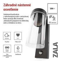 Záhradné nástenné svietidlo ZALA, senzor súmraku, 12,8 × 8 × 28 cm, 1 x E27, 15 W