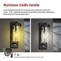 Lampa naścienna Garden ZALA 28cm, na żarówkę E27 max 15W, IP44, PIR