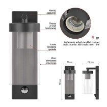 Lampa naścienna Garden ZALA 28cm, na żarówkę E27 max 15W, IP44, PIR