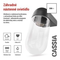 Záhradné nástenné svietidlo CASSIA, 12,6 x 9,5 x 22,2 cm, 1 x E27, 15 W