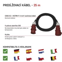 3 fázový vonkajší predlžovací kábel 25 m / 1 zásuvka / čierny / guma / 400 V / 4 mm2