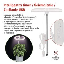 Lampa LED GROW do uprawy roślin 8 W, timer, ściemnialna, biała