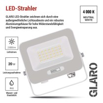 LED reflektor GLARO 20W, weiß, IP65, 2000 lm, neutralweiß