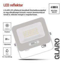 LED reflektor GLARO 20W, fehér, IP65, 2000 lm, természetes fehér
