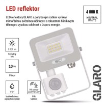 LED reflektor GLARO s pohybovým čidlem, 10 W, bílý, IP54, 1000 lm, neutrální bílá