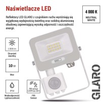 Naświetlacz LED GLARO PIR 10 W, biały, IP54, 1000 lm, neutralna biel