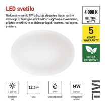 LED stropna svetilka TIVI, A CLASS, MW sensor, okrogla bela 12,5W, IP44, Nevtralna bela