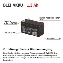 Wartungsfreier Blei-Akku 12 V/1,3 Ah, faston 4,7 mm