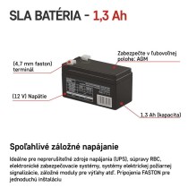 Bezúdržbový olovený akumulátor 12 V/1,3 Ah, faston 4,7 mm