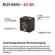 Wartungsfreier Blei-Akku 12 V/4,5 Ah, faston 4,7 mm