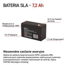 Akumulator AGM 12V 7,2Ah faston 6,3
