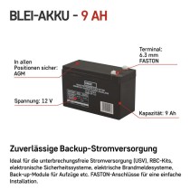 Wartungsfreier Blei-Akku 12 V/9 Ah, faston 6,3 mm
