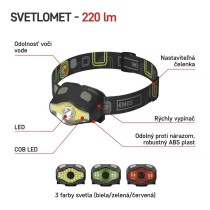 COB LED + LED čelovka P3536, 220 lm, 100 m, 3× AAA