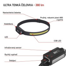 COB LED nabíjecí čelovka P3541, 380 lm, 30 m, Li-Pol 1200 mAh
