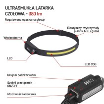 Latarka czołowa LED COB, 380 lm Li-Pol 1200mAh ładowalna