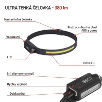 COB LED nabíjacia čelovka P3541, 380 lm, Li-Pol 1200 mAh