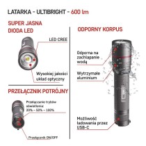 Latarka metalowa CREE LED Ultibright 80, 600lm, ładowalna