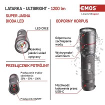Latarka metalowa CREE LED Ultibright 90, 1200lm, ładowalna