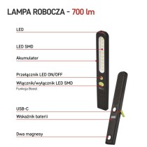 Lampa warsztatowa SMD LED + LED 700 lm, 1200mAh, ładowalna