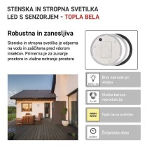 LED svetilo nadometno ZURI, okroglo, s senzorjem, 14W, toplo bela
