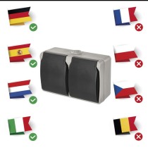 Wandsteckdose, doppelt, grau-schwarz, IP44