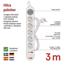 Podaljšek 3 m / 5 vtičnic / s stikalom / belo-siv / 1×USB-A + 1×USB-C / 1,5 mm2