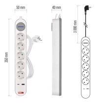 Hosszabbító 3 m / 5 aljzat / kapcsolós / fehér-szürke / 1×USB-A + 1×USB-C / 1,5 mm2