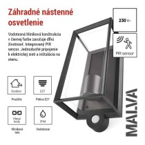 Záhradné nástenné svietidlo MALVA, senzor súmraku, 13 x 12,5 x 28 cm, 1 x E27, 15 W